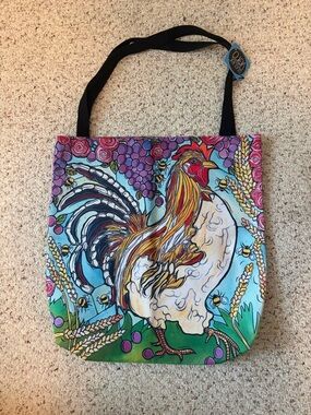 Whimsical Rooster Canvas Tote Bag - Blue/Multi NWT